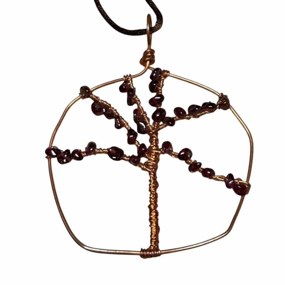 Handmade Artisan Tree of Life Necklace with Copper‎ and Garnet Accents.
